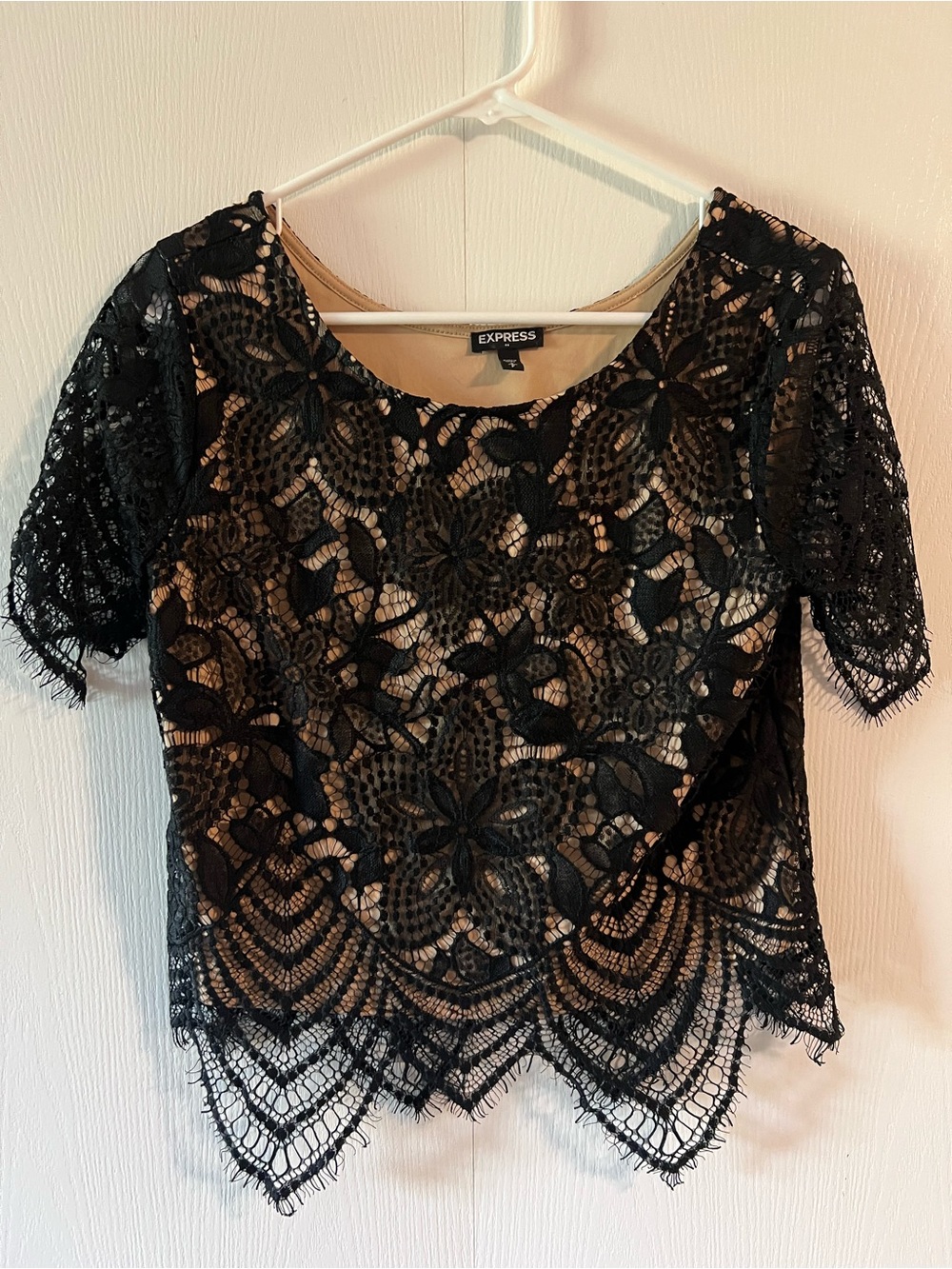Express Black Lace Overlay Top with Nude Underlay